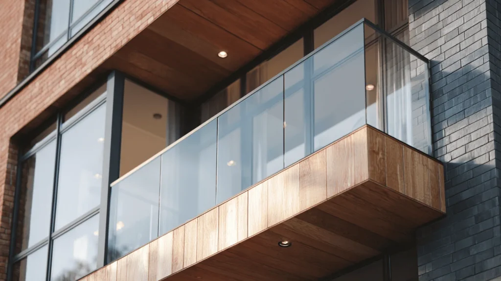 Elegantné sklenené zábradlie na balkóne moderného domu