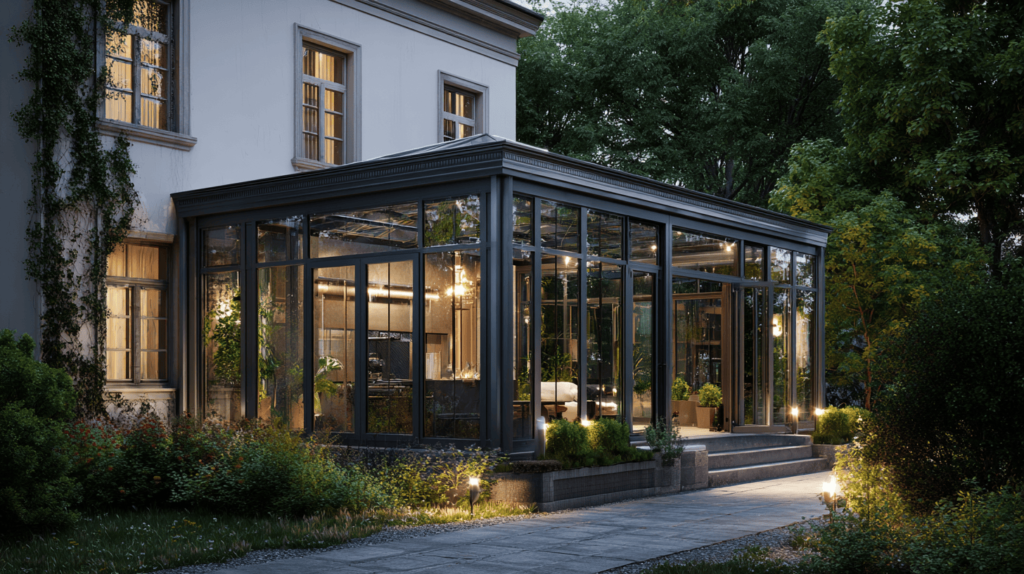 Moderná zimná záhrada s celosklenenými stenami pri rodinnom dome