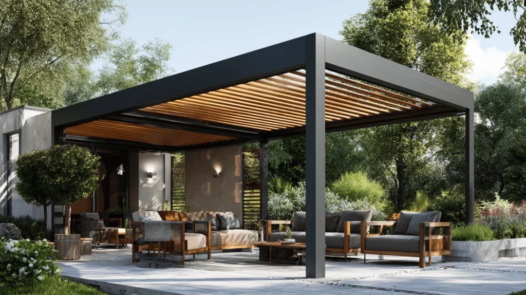 Moderný pergola prístrešok s drevenými lamelami v exteriéri
