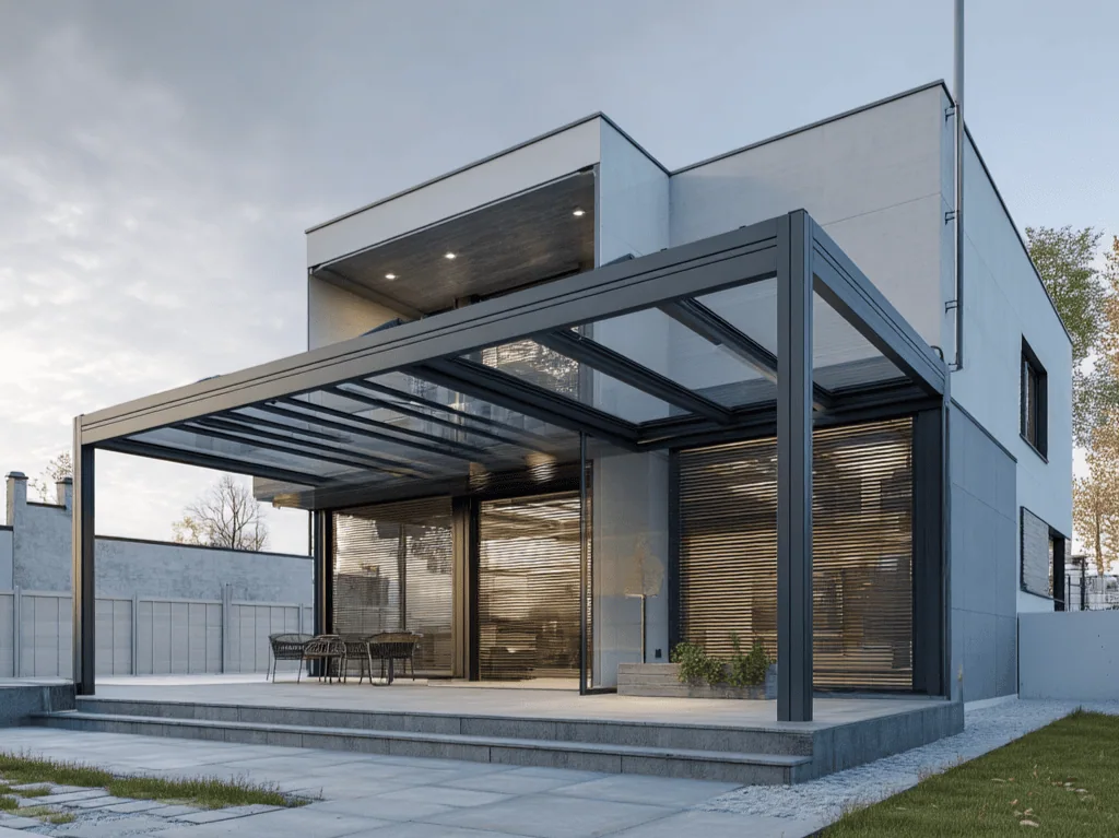 Moderná hliníková pergola s antracitovou konštrukciou pri dvojpodlažnom rodinnom dome, elegantné riešenie Reymont pre moderné bývanie.