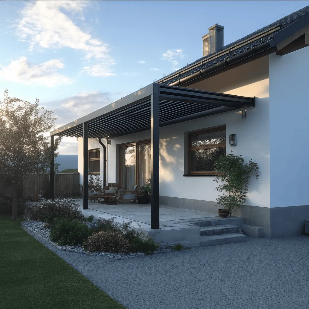 Moderná hliníková pergola s antracitovou konštrukciou pri rodinnom dome, elegantné riešenie Reymont pre pohodlný exteriér.