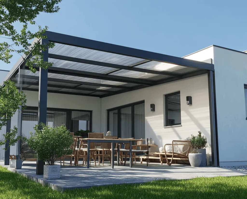 Moderná hliníková pergola s antracitovou konštrukciou a dreveným sedením pri rodinnom dome, elegantné riešenie Reymont pre moderné bývanie.