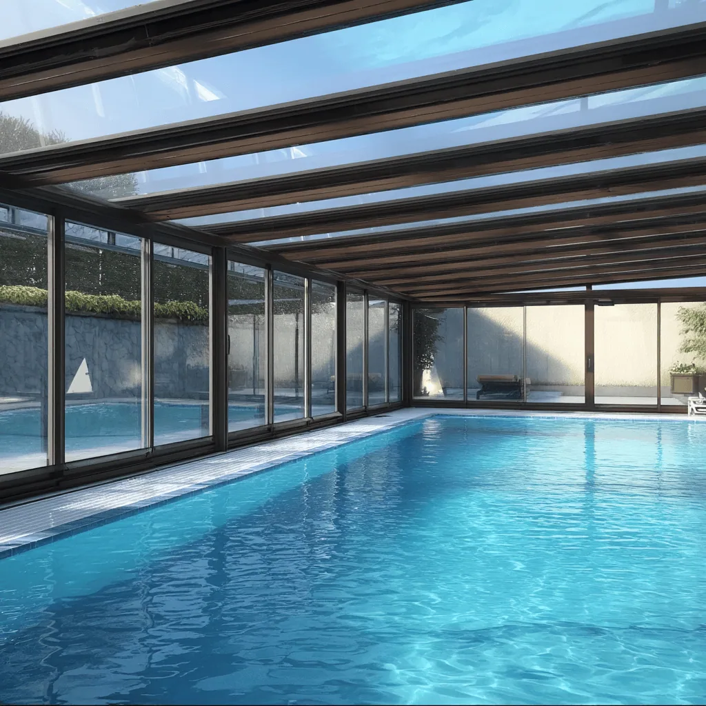 Presklený bazén so stabilnou hliníkovou konštrukciou a veľkými posuvnými sklami, moderné riešenie Reymont pre celoročné využitie.