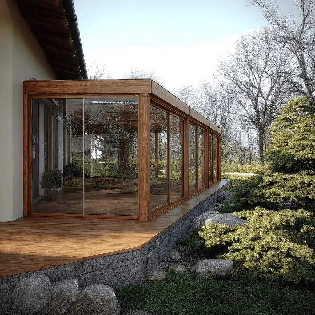 Zasklená terasa s drevohliníkovou konštrukciou a kamenným soklom, elegantné riešenie Reymont pre moderné a útulné bývanie.