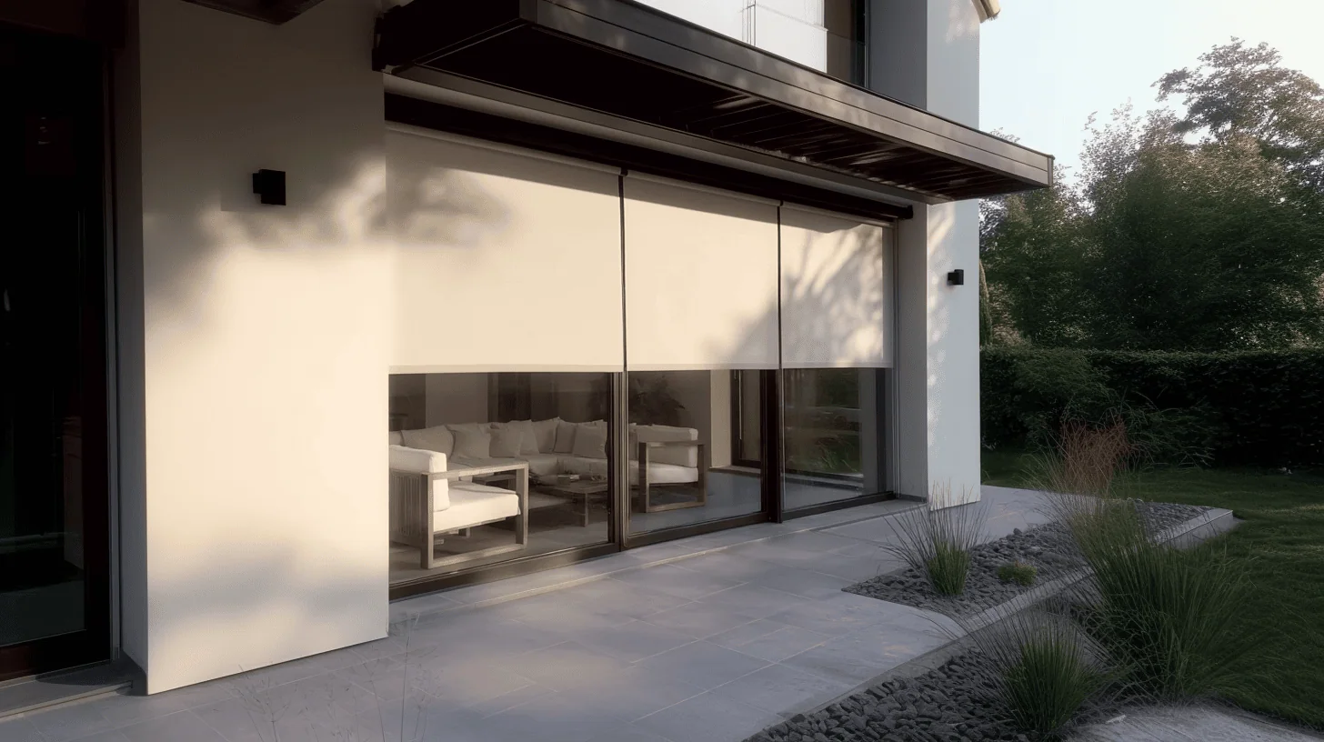 Moderná terasa so sklenenými dverami a zatiahnutou béžovou screenovou roletou, ktorá vytvára tieň a súkromie.