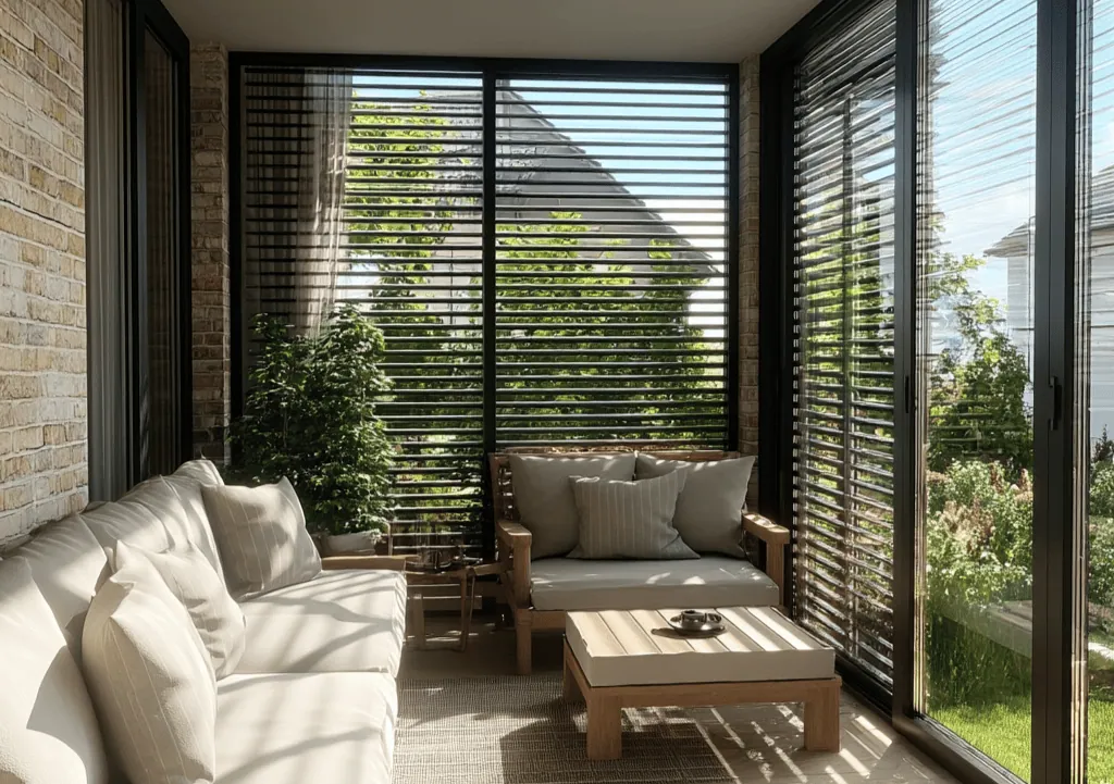Vonkajšie hliníkové žalúzie na zimnej záhrade s drevenými rámami a presklením, moderné tienenie chrániace interiér pred slnkom.