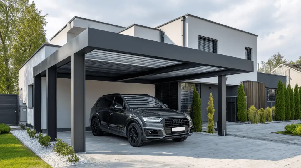 prístrešok pre auto s modernou konštrukciou pri rodinnom dome – Reymont