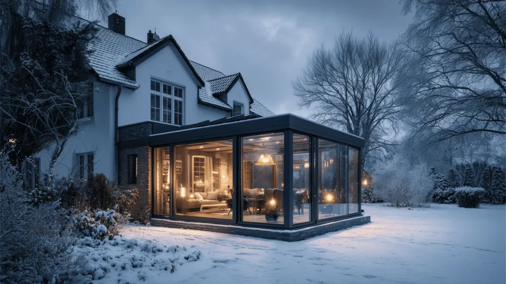 Celoročná zimná záhrada s presklenými stenami pri rodinnom dome v zime